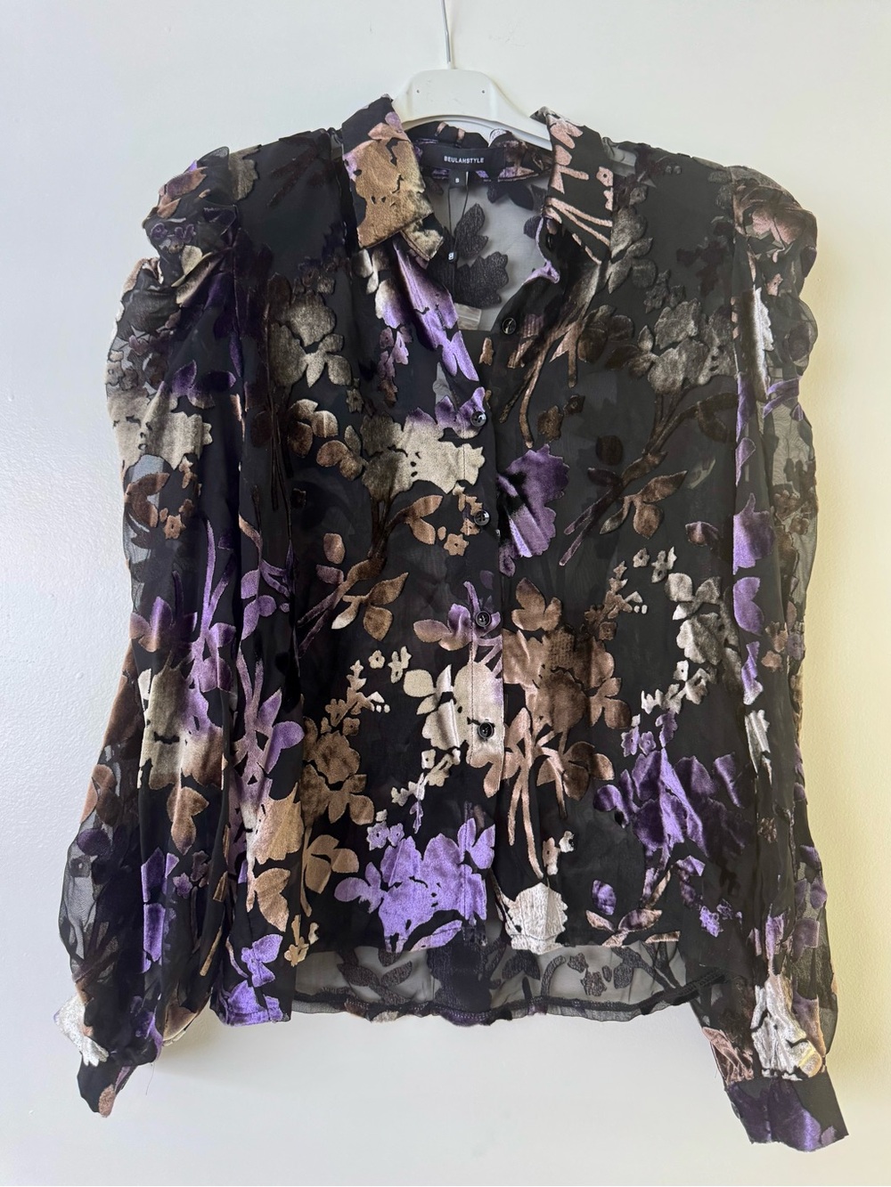 Beulah Floral Velvet Burnout Blouse - Black, Purple & Brown